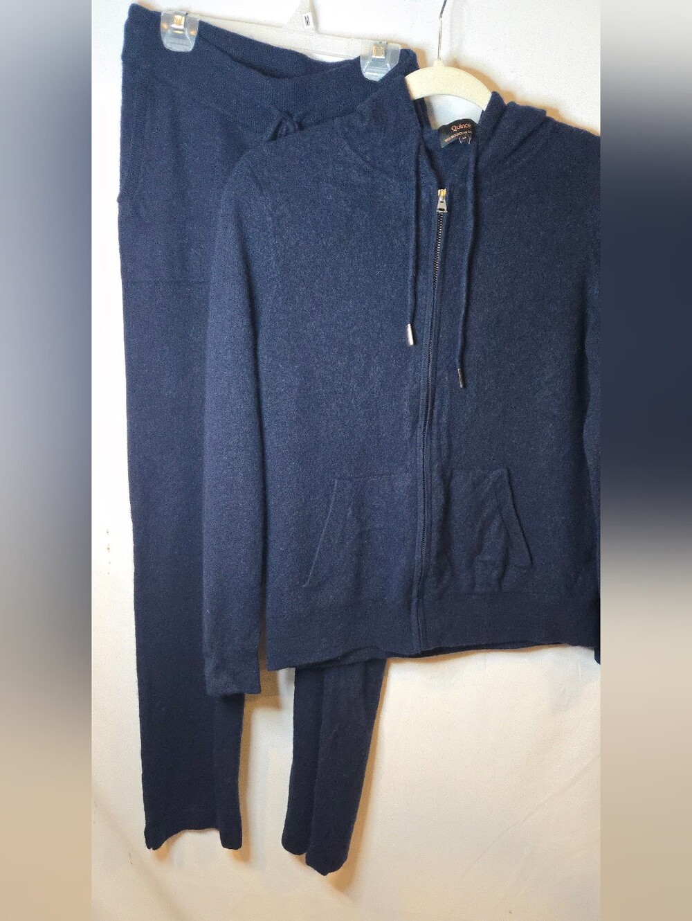 Quince 100% Mongolian Cashmere Set True Navy Zip Hooded Sweater Straight Pant M